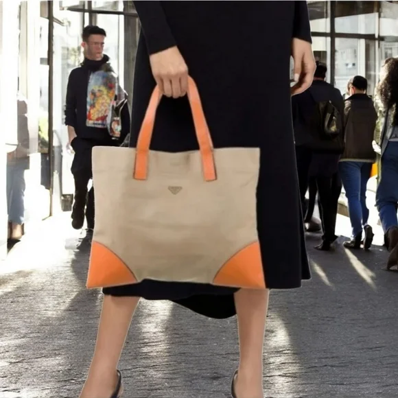 Prada Cinghiale Trimmed Y2K Cream Tan Orange Structured Vintage Canapa Tote Bag - Picture 4 of 14